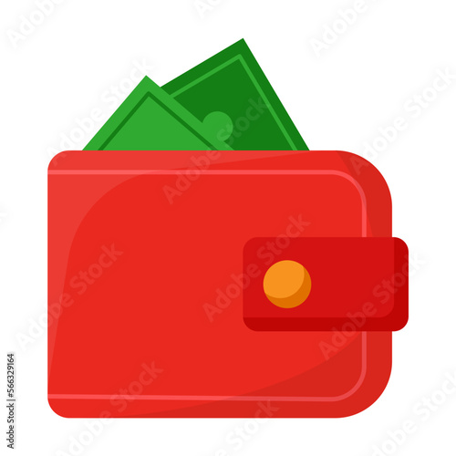Red leather wallet full of paper dollars flat vector illustration isolated on white background. Finance, profit concept
