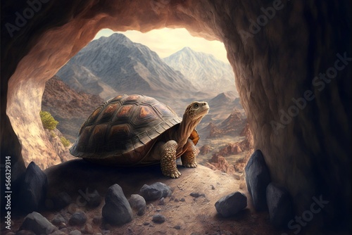  a painting of a tortoise in a cave with mountains in the background and rocks in the foreground, and a person standing on the right side of the picture.  generative ai photo