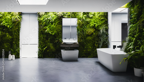 Futuristic  modern living room with large round windows and lush greenery surrounding. Generative AI