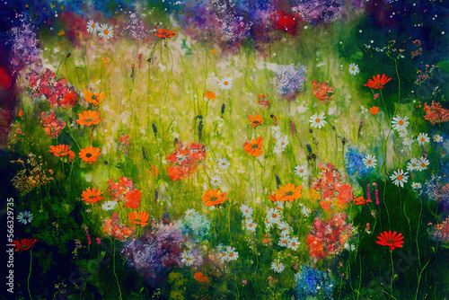  a painting of flowers in a field of grass and flowers in the foreground, with a blue sky in the background, and a green field of red and white flowers in the foreground.  generative ai © Anna