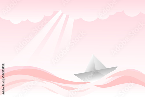 illustration of a boat on sea in pink color theme. origami whtie paper boat floating in the sea with cloud in pink color theme 