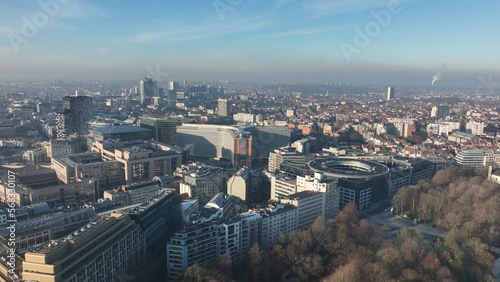 Capital of Belgium, Brussels, large city skyline and buildings cityscape aerial drone overhead view. Panorama landscape cultural attraction, headquarters of european politics. photo