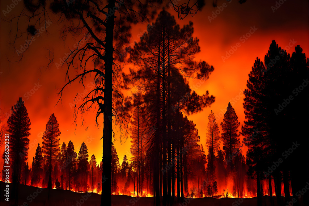 wild fire in the forest, red flames burning everything down, catastrophic sky, Illustration generativ ai wild fire in the forest, red flames burning everything down, catastrophic sky, Illustration generativ ai