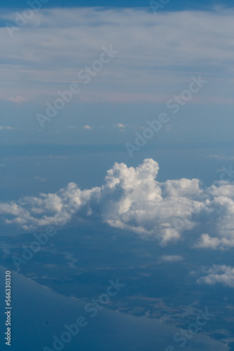White clouds and blue sky in this aerial photograph of clouds
