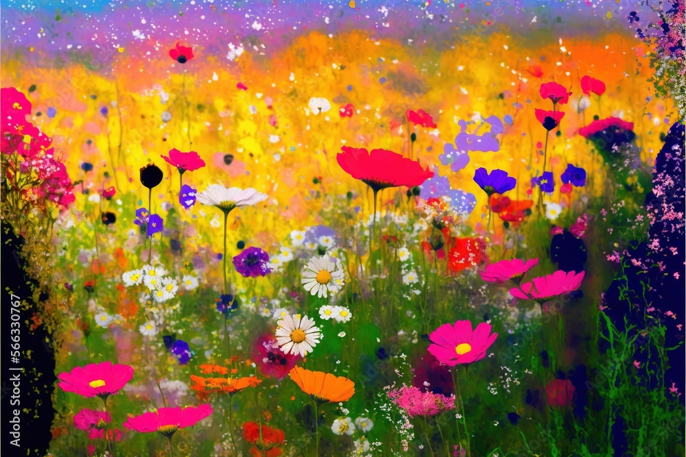  a painting of a field of flowers with a blue sky in the background and a yellow sky in the middle of the painting is a field of wildflowers and daisies.  generative ai