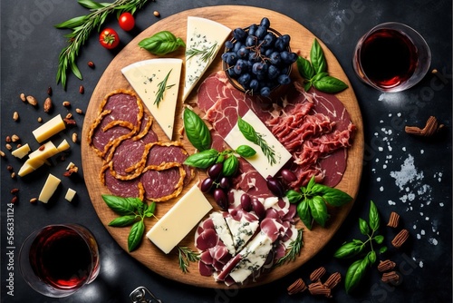  a wooden plate topped with meat and cheese next to glasses of wine and a glass of wine on top of a black table with other foods. generative ai