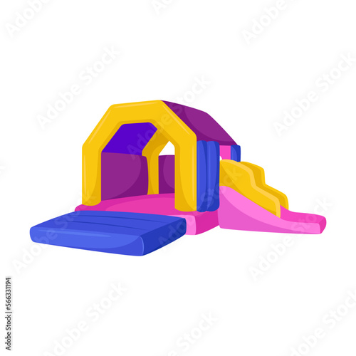 Bouncy castle for kids flat vector illustration. Cartoon drawing of inflated trampoline with slide, playground or park equipment for jumping. Childhood, entertainment concept