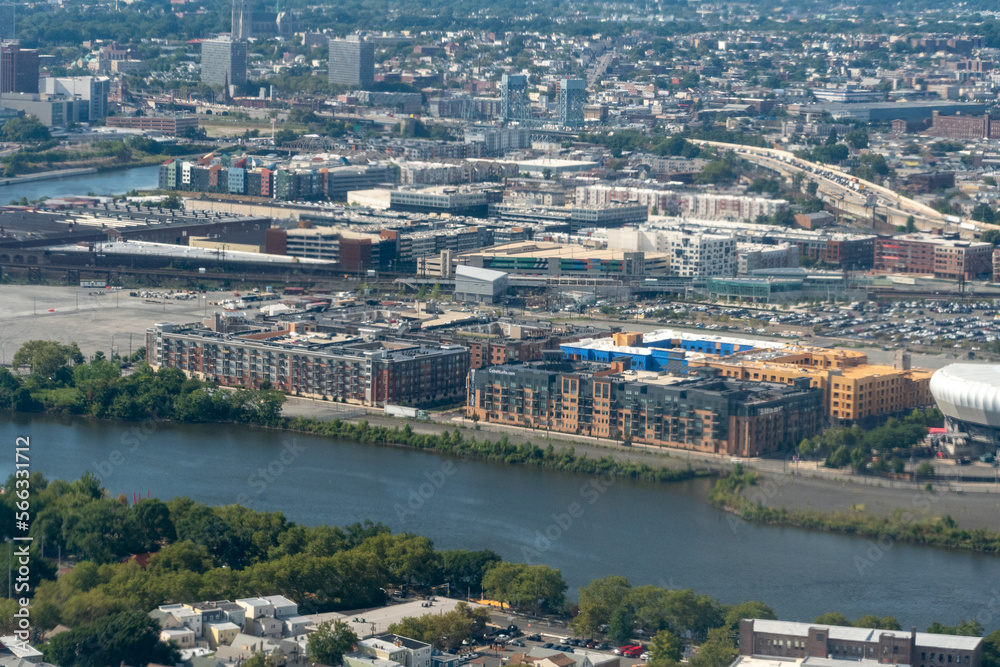 Aerial view of the skyline of Newark, New Jersey featuring the Cobalt Lofts and the Steel Works apartments along the Passaic River