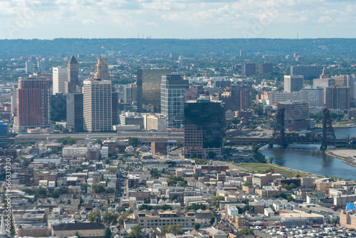 Aerial view of the skyline of Newark, New Jersey, The Passaic River and the surrounding areas © John McAdorey