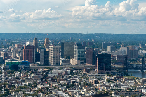 Aerial view of the skyline of Newark, New Jersey, The Passaic River and the surrounding areas