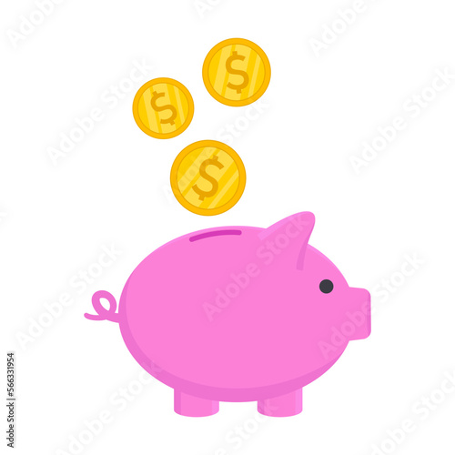 Ceramic piggy bank with coins flat vector illustration. Saving money drawing isolated on white background. Finance, profit concept