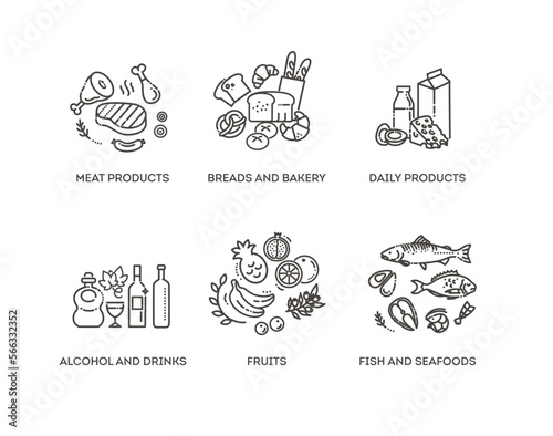 Grocery store simple thin line icon set vector illustration