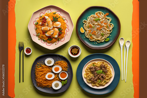  a table topped with plates of food and chopsticks next to a plate of noodles and shrimp and a plate of noodles and sauce. generative ai