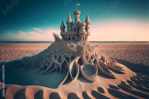 A sandcastle built by fairies on the beach generative AI photo