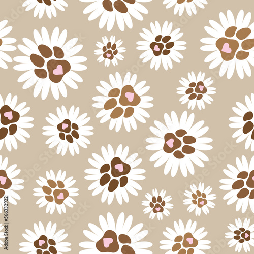 seamless repeat pattern with cute brown shades simple pet paws with a pink heart on white flowers on a beige background perfect for fabric  scrap booking  wallpaper  gift wrap projects 