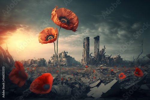 Poppies in front of destroyed buildings - ai-generated photo