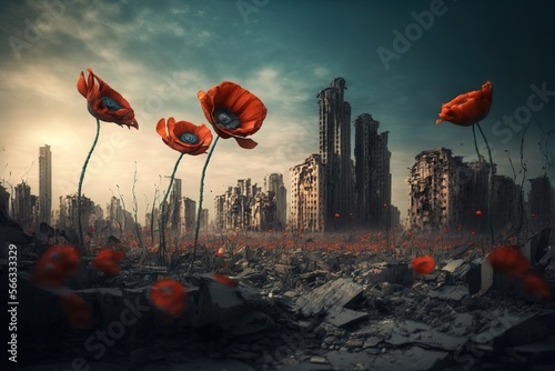 Poppies in front of destroyed buildings - ai-generated photo