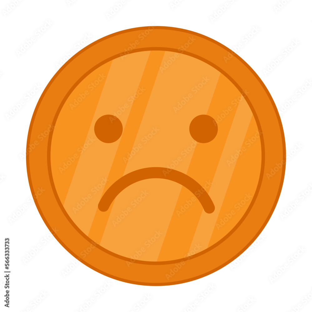 Fototapeta premium Bronze coin with sad expression flat vector illustration. Money sticker isolated on white background. Finance, decrease of profit concept
