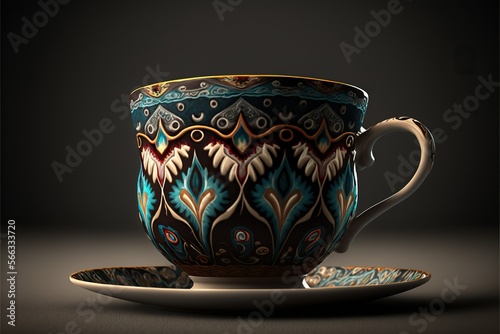 Coffee cup in ikat style, concept of Ikat Pattern and Ceramic Mug, created with Generative AI technology
