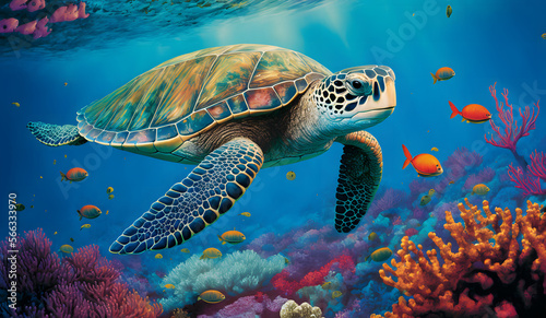 Fotografiet sea turtle swimming in the sea, ocean background, illustration generativ ai