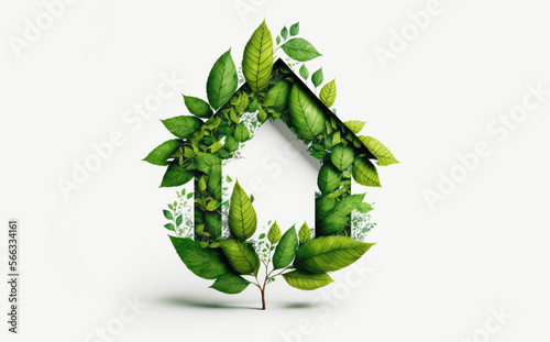 Ecology house symbol made from leaves, eco concept illustration on white background, generative, ai photo