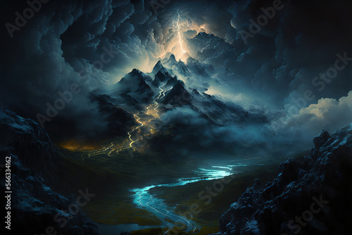 landscape of lighting over the mountains having a dramatic composition. Generative Ai