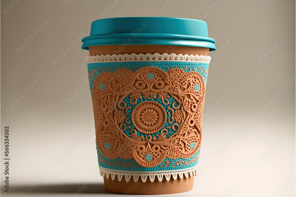 Coffee cup in papel picado style, concept of Mexican Folk Art and Paper Crafts, created with Generative AI technology Coffee cup in papel picado style, concept of Mexican Folk Art and Paper Crafts, created with Generative AI technology