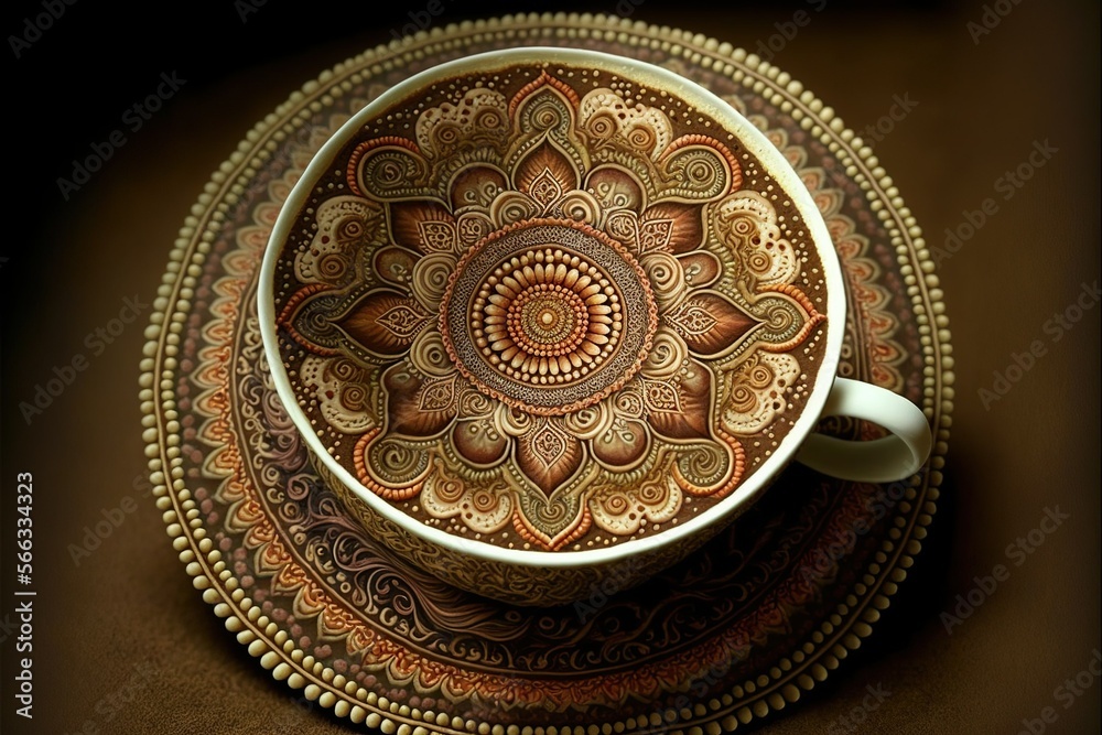 Coffee cup in rangoli style, concept of Decorative and Artistic, created with Generative AI technology