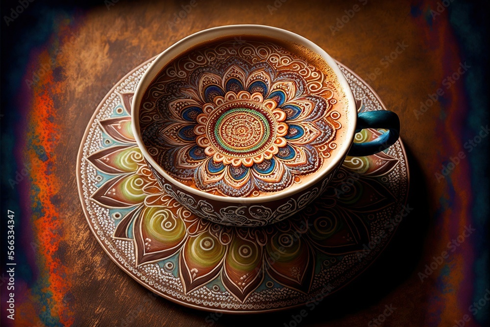Coffee cup in rangoli style, concept of Decorative and Artistic, created with Generative AI technology Coffee cup in rangoli style, concept of Decorative and Artistic, created with Generative AI technology