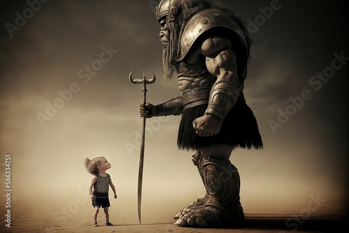 David and goliath, concept of Strength and Overcoming Adversity, created with Generative AI technology