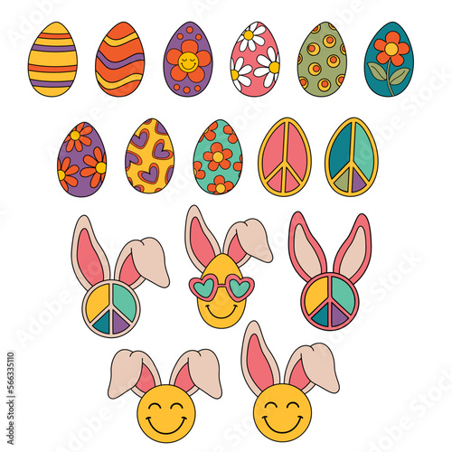 set of isolated retro groovy easter eggs