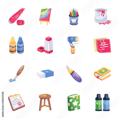 Set of School Stationery 2D Icons 

