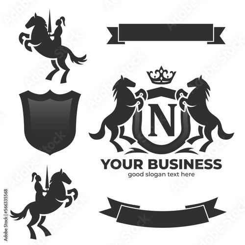 Letter N Retro Crest With Shield And Two Horses Vector, heraldic shield with crown, horse silhouette