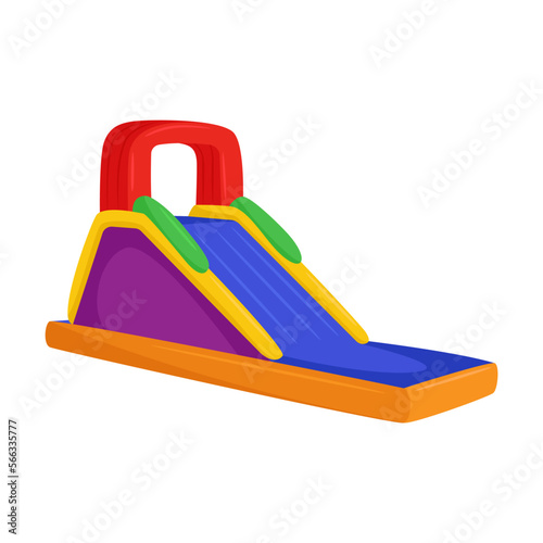 Cartoon bouncy castle for kids vector illustration. Drawing of inflated trampoline with slide, playground or park equipment. Childhood, entertainment concept