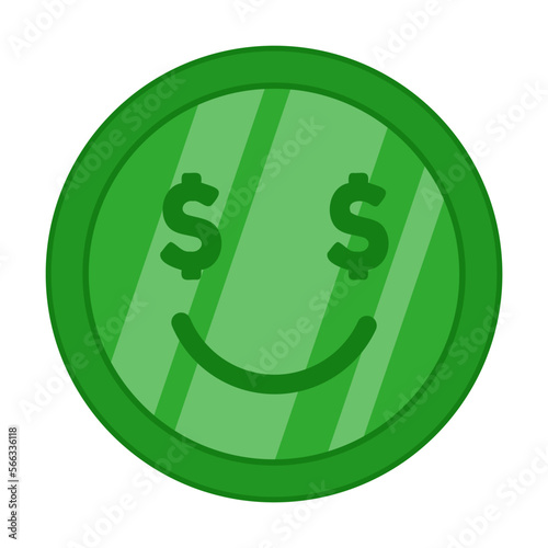 Green coin with cheerful expression and dollar signs in eyes flat vector illustration. Money sticker isolated on white background. Finance, profit concept