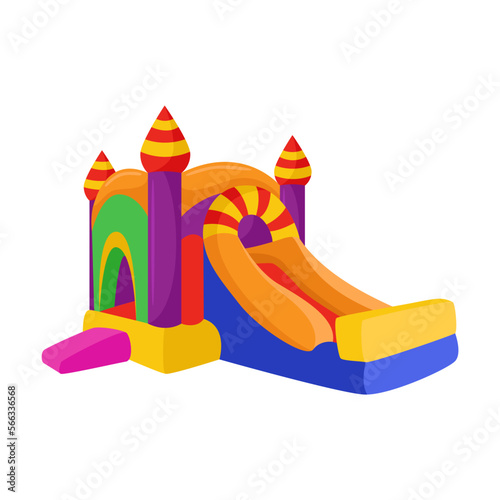 Inflatable bouncy castle vector illustration. Drawing of inflated bouncy trampoline with slide, park equipment. Childhood, entertainment concept