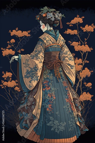 Dress in ukiyo-e style, concept of Ukiyo-e Prints and Japanese Woodblock Printing., created with Generative AI technology