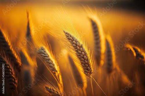 beautiful close up wheat ear against sunlight at evening or morning with yellow field as background  Generative Ai