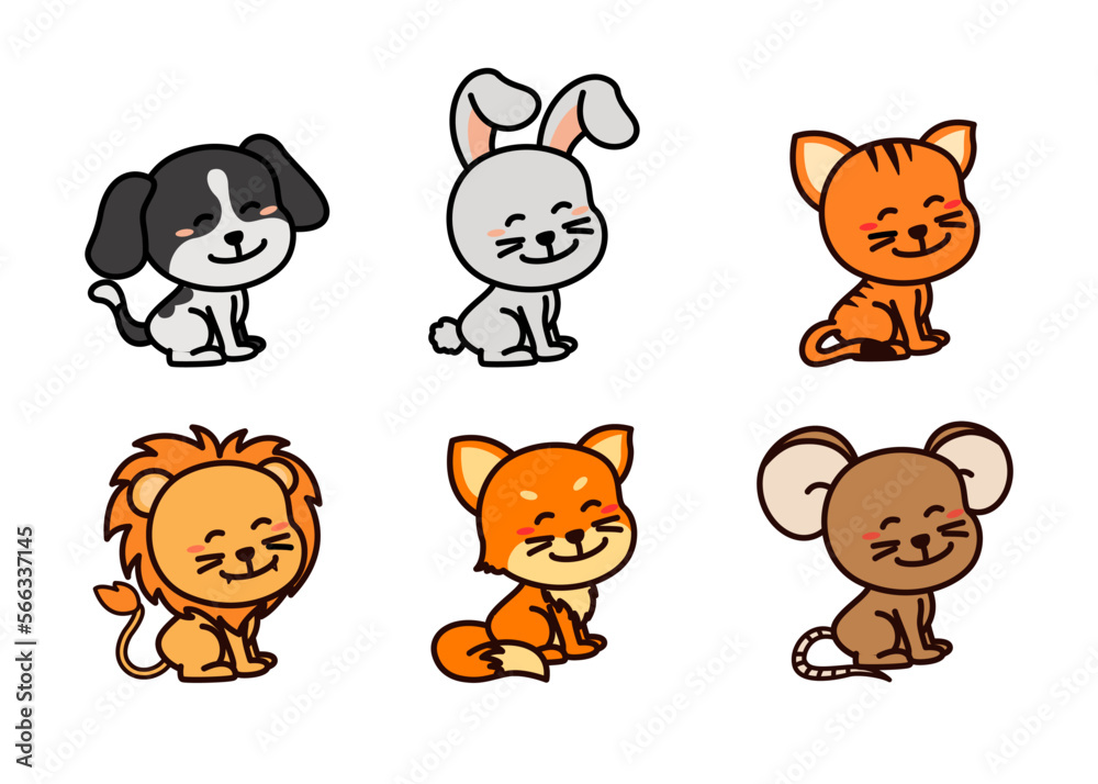 Fototapeta premium Different style of vector dog, cat, rat, lion and more on a transparent background. Isolated objects, cute illustration.