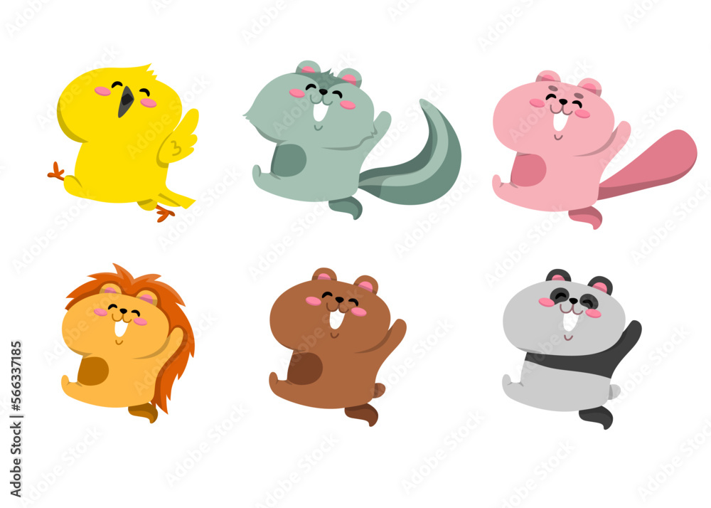 Naklejka premium Different style of vector bird, rats, lion and more laughing on a transparent background. Isolated objects, cute illustration.