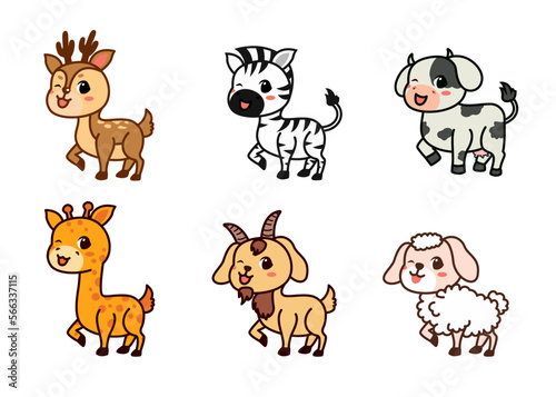 Flat vector set of cute deer, zebra, cow and more in different actions. Adorable forest animals on a white background