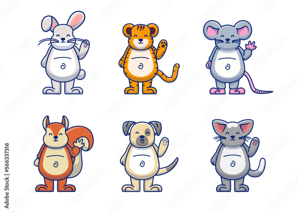 Similar flat style vector set of cute rabbit; tiger; rat and more on a white background. Adorable forest animal on a white background