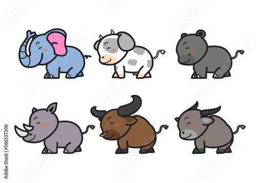 Similar flat style vector set of cute elephant, cow, rhinoceros and more on a white background. Adorable forest animal on a white background