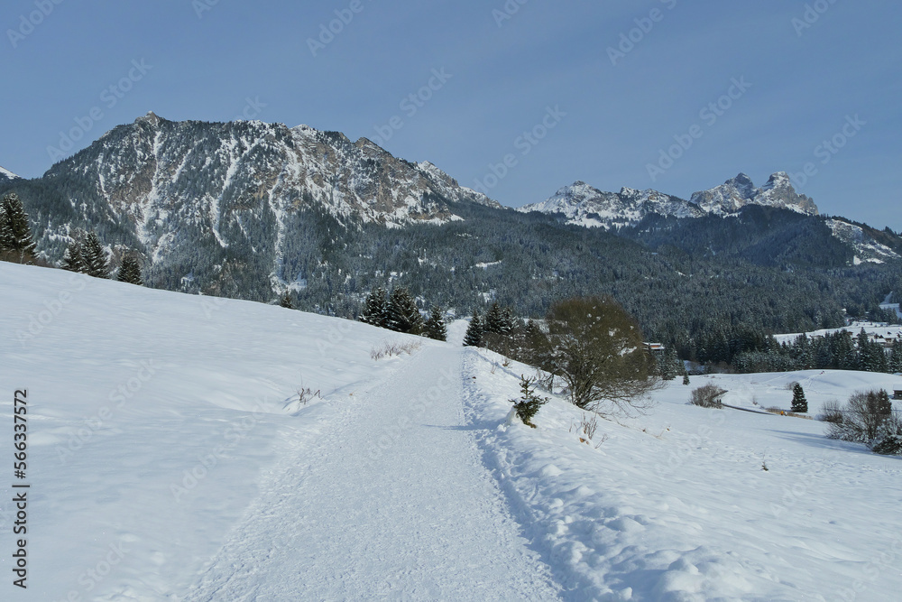 Winter im Tannheimertal mit Blick zur Läuferspitze, Schartschrofen, Gimpel und Rote Flüh.