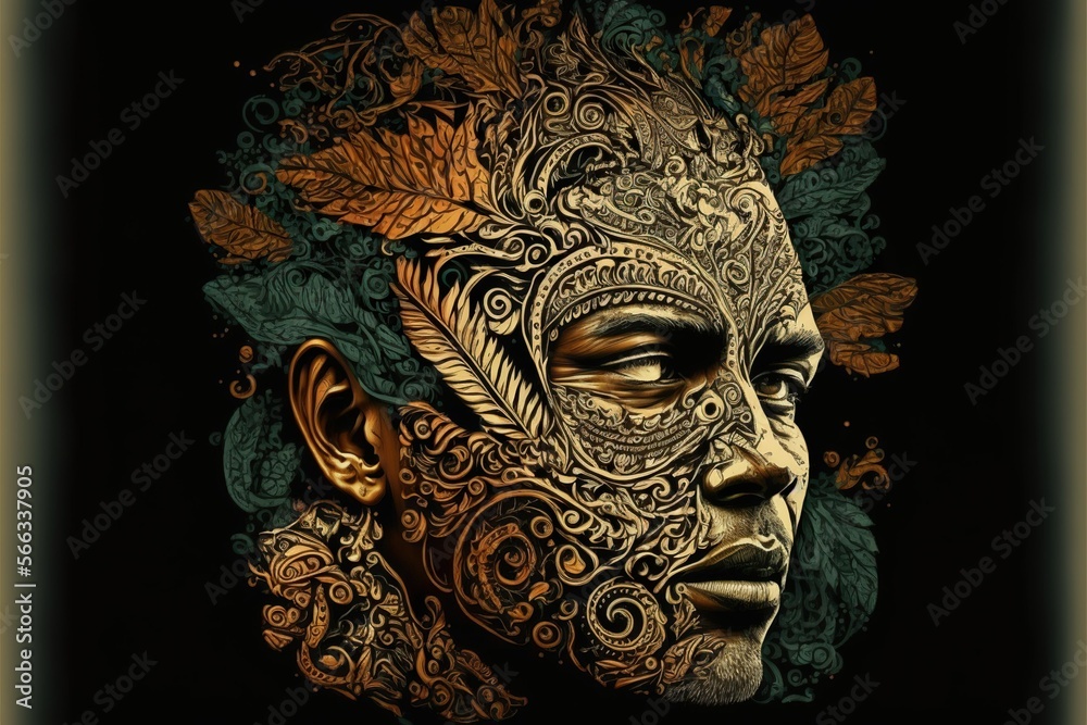 Human face in batik style, concept of Cultural Identity and Textile Art, created with Generative AI technology