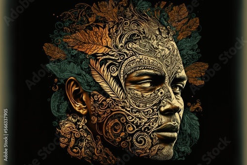 Human face in batik style, concept of Cultural Identity and Textile Art, created with Generative AI technology