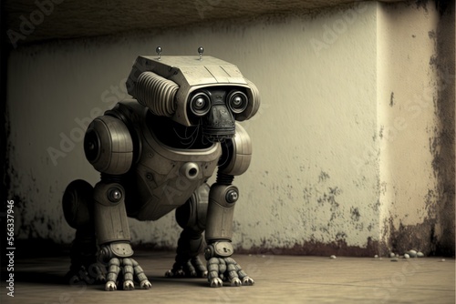  a robot dog sitting on the ground in front of a wall with a hole in it's center and a hole in the floor. generative ai