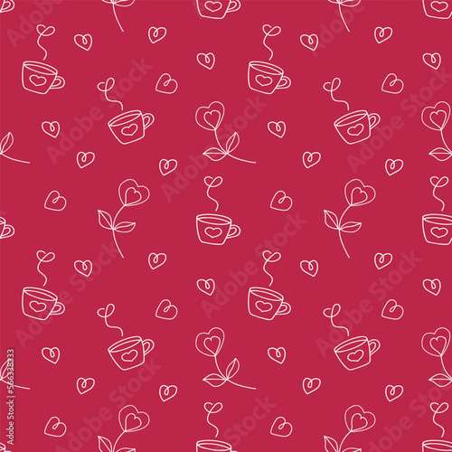 Seamless pattern with cup, heart plant and small hearts. Seamless vector pattern in doodle style. Template for fabric, textiles, wrapping paper, wallpaper and other decorations.