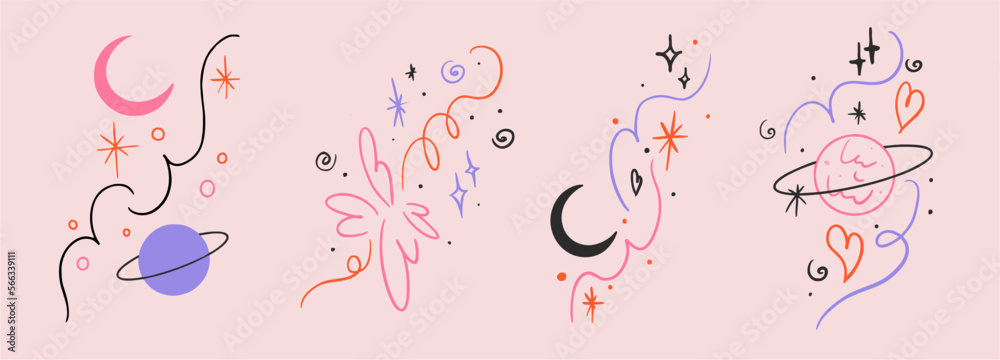 Set of vector sticker, tattoo. The tattoo is drawn with a thin line. Bright pattern, Saturn and moon, swirls, heart with fire hand drawn sketch. Vector illustration.