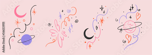 Set of vector sticker, tattoo. The tattoo is drawn with a thin line. Bright pattern, Saturn and moon, swirls, heart with fire hand drawn sketch. Vector illustration.